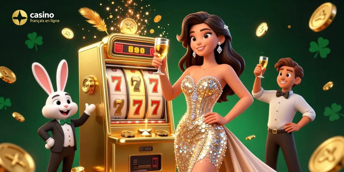 Découvrez l'excitation du casino français en ligne avec une scène glamour mettant en vedette une machine à sous jackpot et des éléments de célébration.