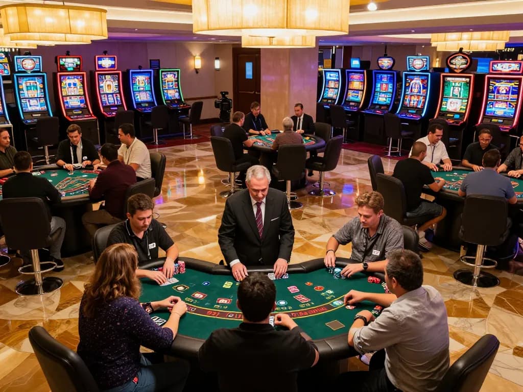 Bsport players engaged in strategic blackjack gameplay at a vibrant casino table.