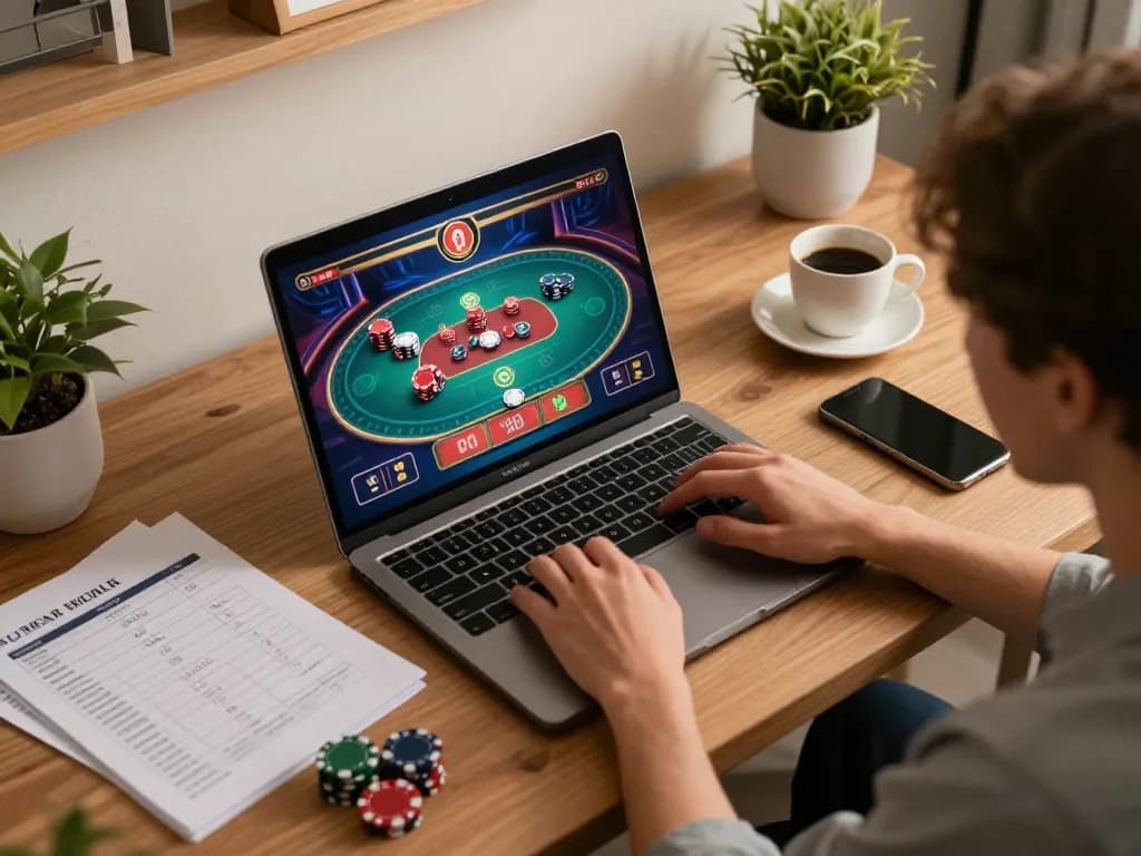 Engaging in online casino gameplay, focusing on đăng nhập goal123 on a laptop with a vibrant interface.
