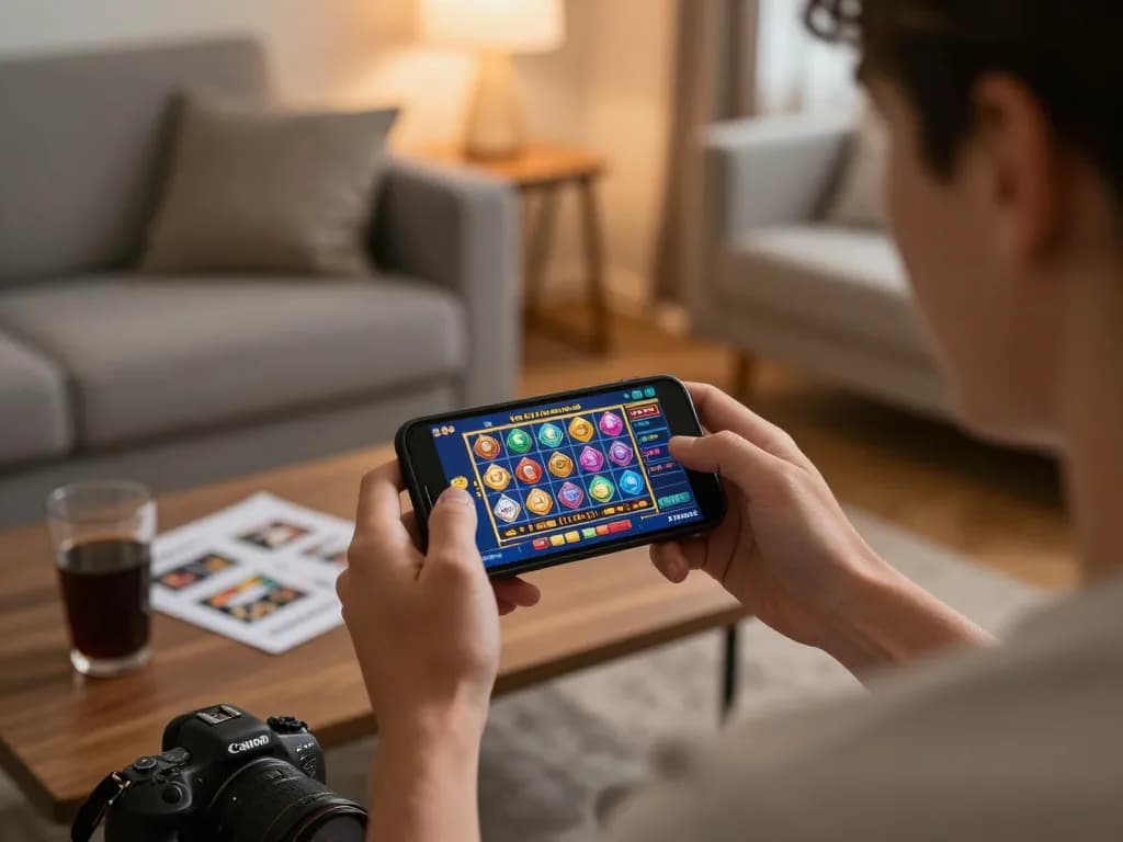 Experience 789win mobile gaming with vibrant slots interface in a cozy home setup