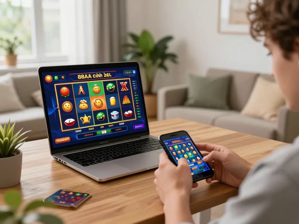 Player enjoying 88AA chính thức app, engaging with exciting slot games in a cozy home