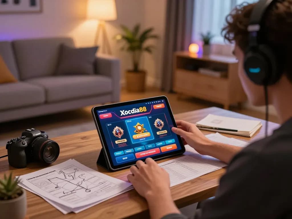 Xocdia88 user engaging with online gambling app in cozy home setup with tablet and strategy notes.