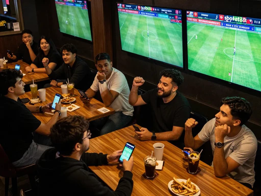 Sports enthusiasts actively placing bets on sbobet88 during the World Cup 2026 at a lively sports bar.