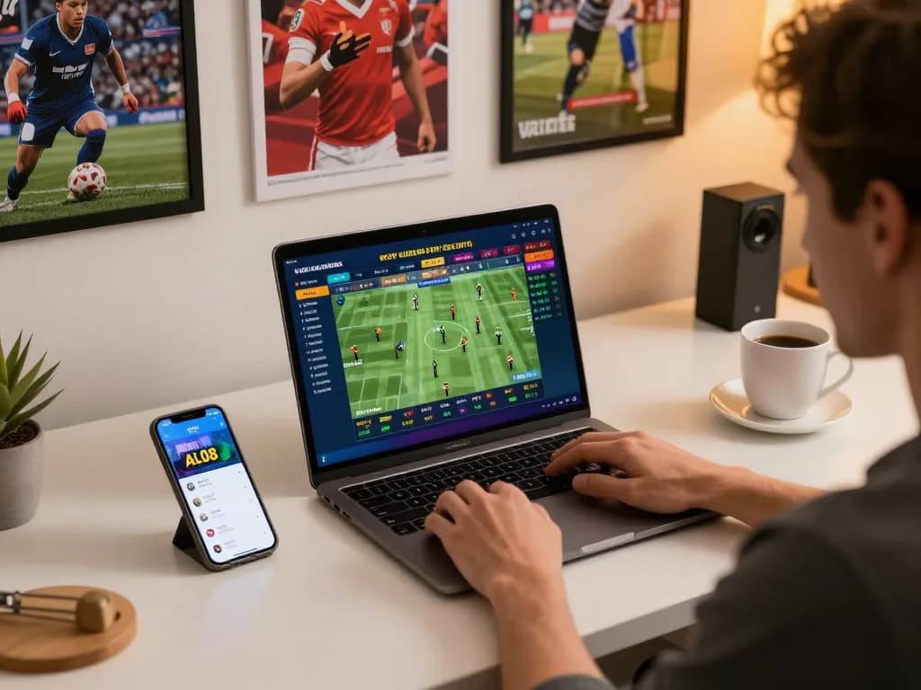 Person actively placing bets on ALO8 using a laptop in a vibrant home office
