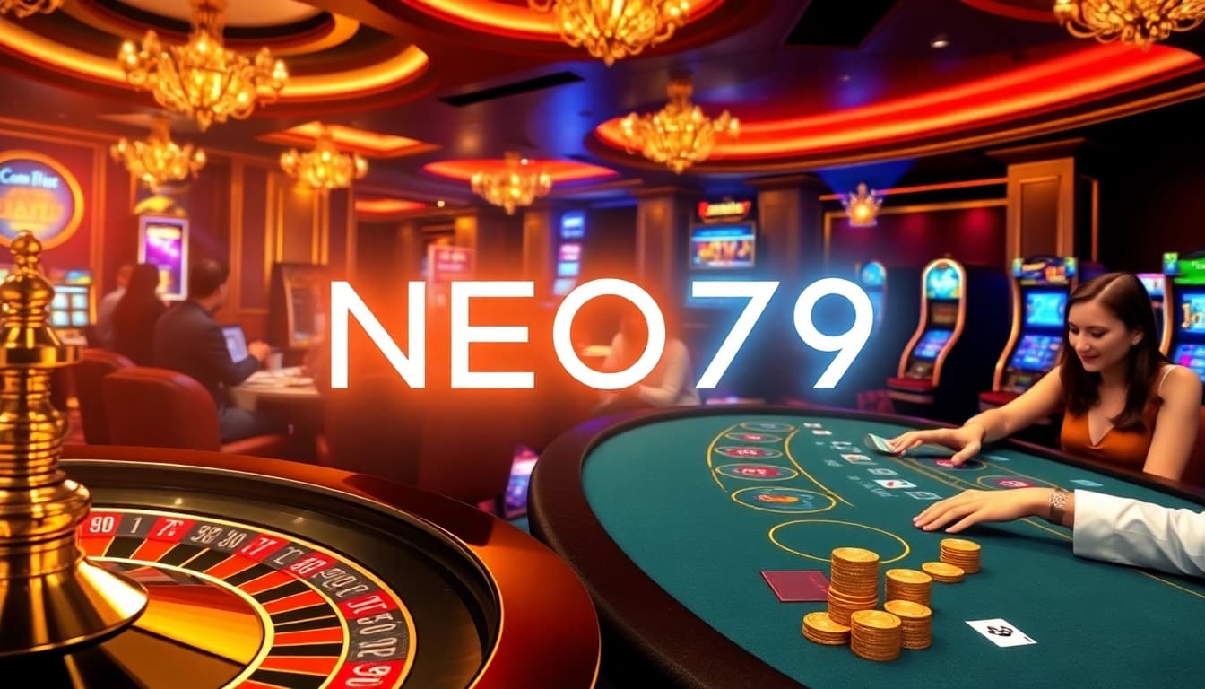 Exciting casino scene featuring NEO79 neon sign, roulette wheel, and blackjack table action.