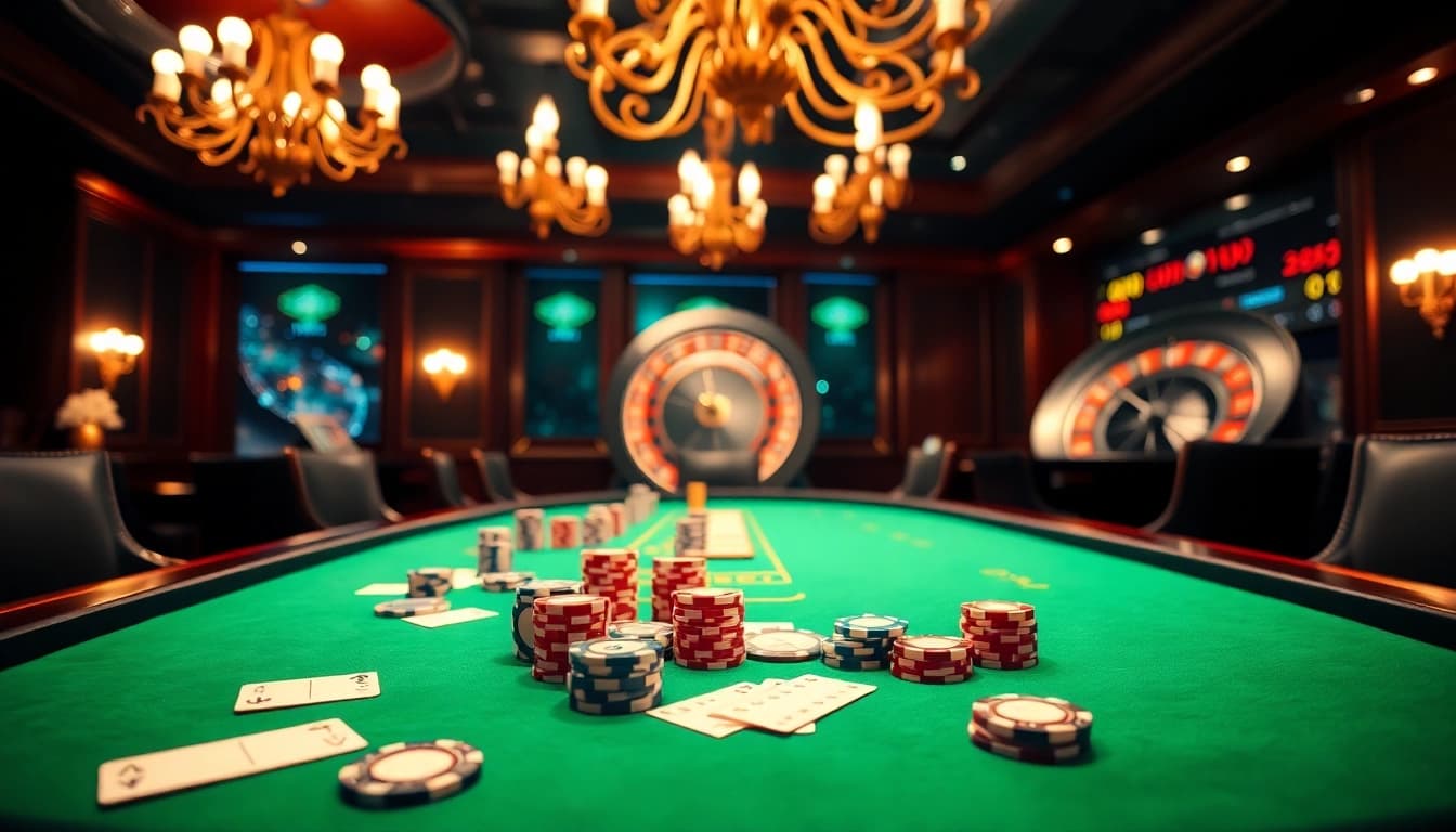 Experience sbobet login indonesia at a vibrant poker table filled with chips and glowing casino lights.