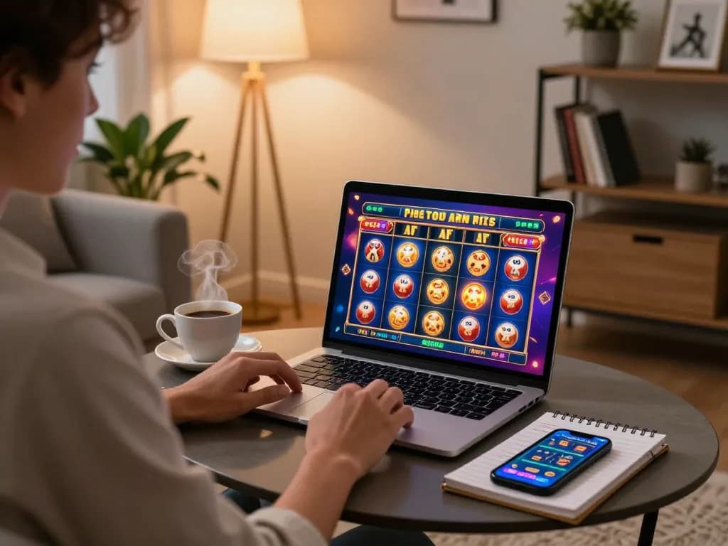 Engaged player enjoying slot online games on laptop in cozy home environment