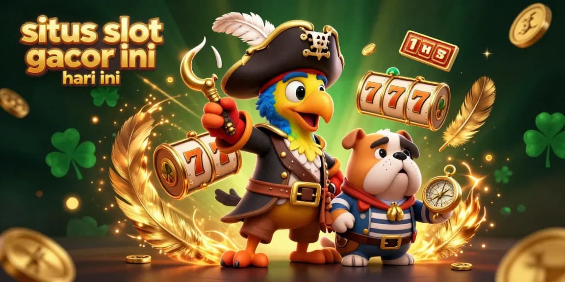 Situs slot gacor hari ini showcases a vibrant scene with a pirate captain parrot, dog, and cat among swirling gold coins and energetic casino elements.