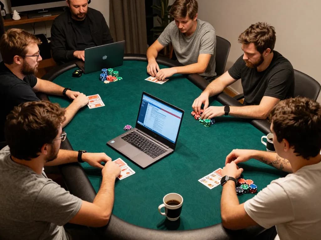 Engaged players showcasing their strategies in an online poker game on TG7777 platform with colorful chips and cards.
