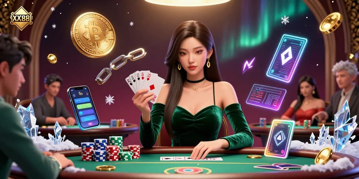 Engage in winning strategies at XX88, featuring an Asian woman at a poker table surrounded by crypto elements.