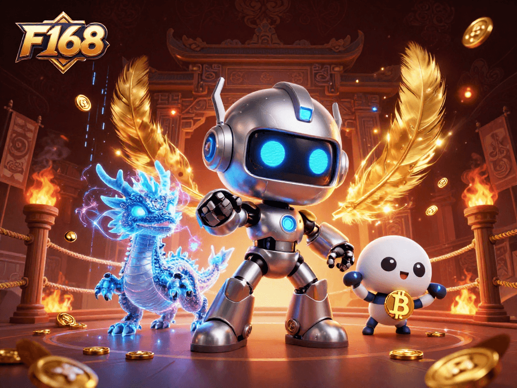 Engage with exciting gaming at F168, featuring vibrant 3D characters and animated casino elements.