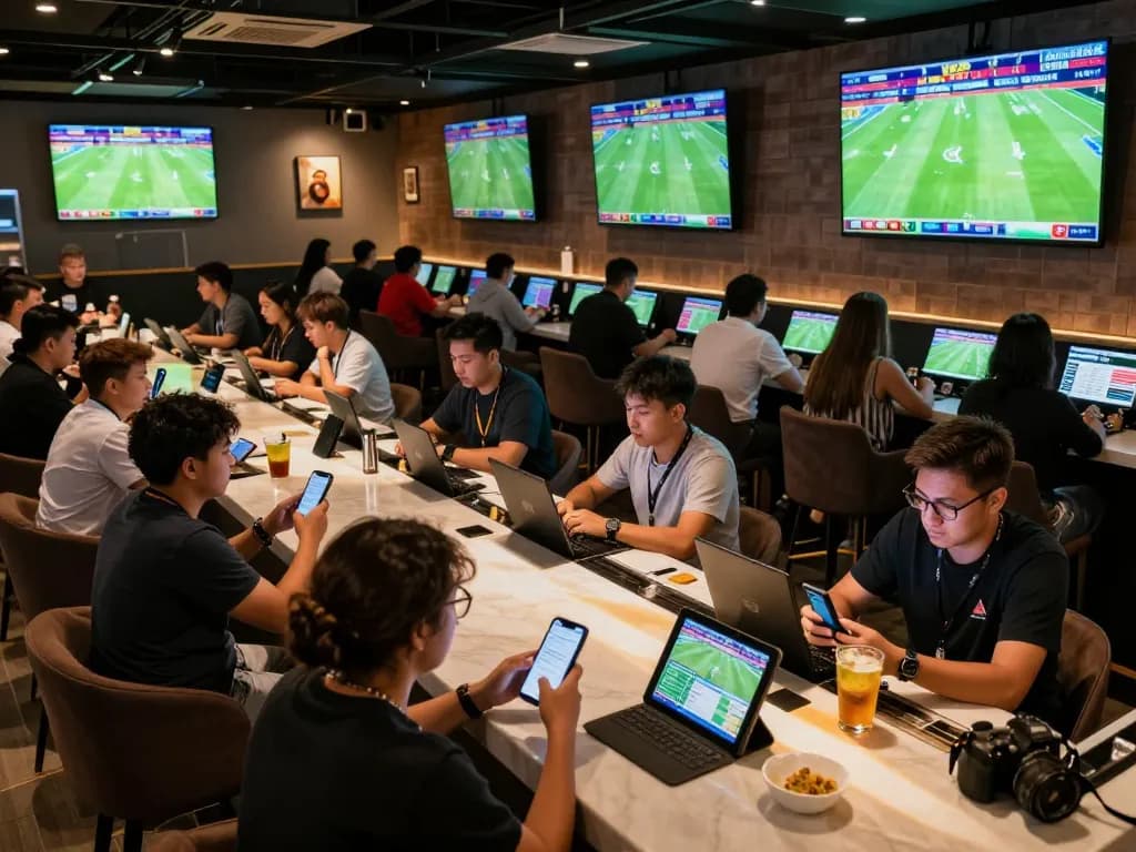 Patrons enjoying sports betting at a modern venue, screens showing live football, excitement palpable, nddo experiences.