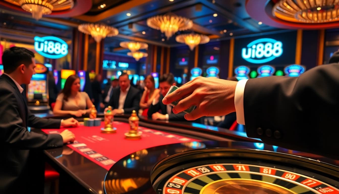 Exciting casino atmosphere with players at a roulette table and vibrant uu8888 branding.