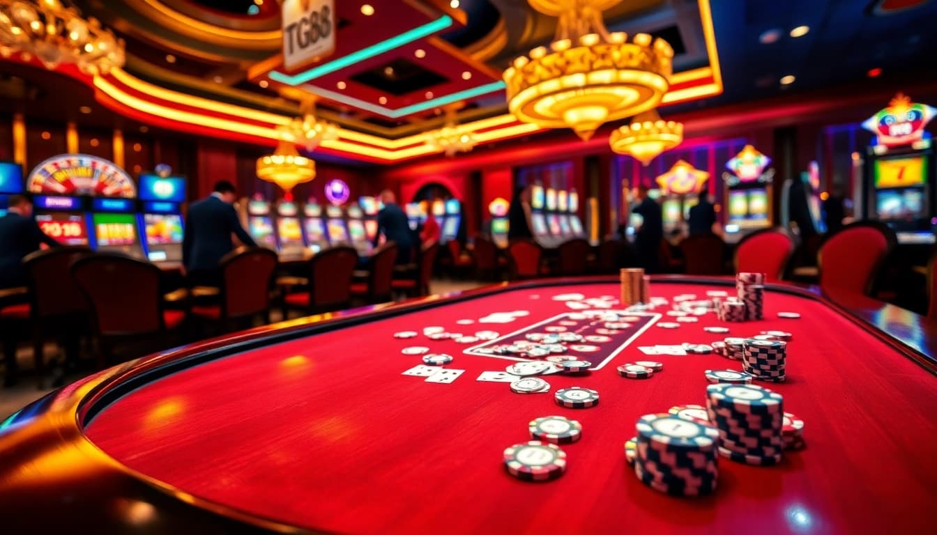 Action-packed casino scene featuring TG88 poker games, vibrant roulette, and colorful chips.