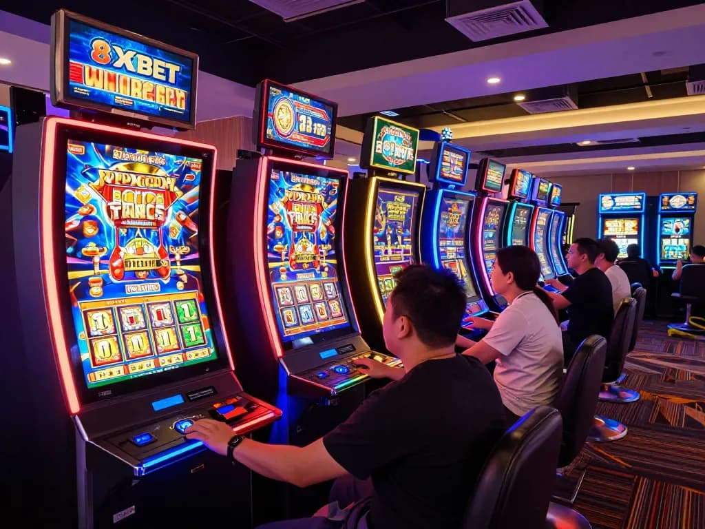 Exciting players interacting with vibrant 8xbet slot machines in a modern casino.