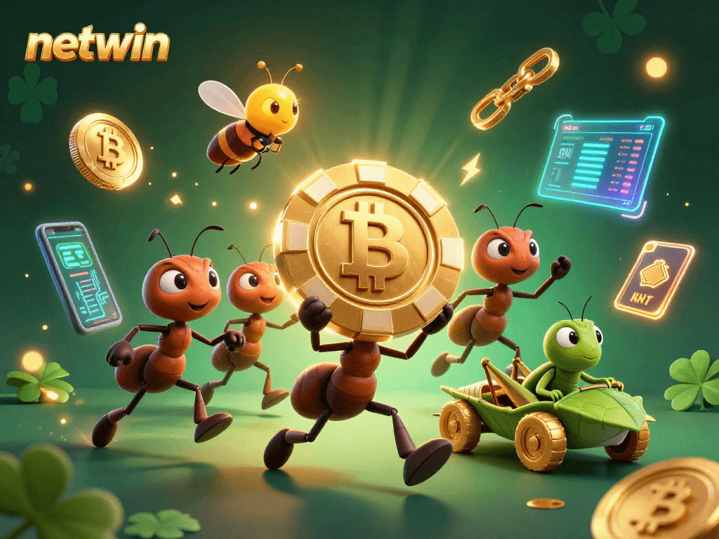Experience the excitement of netwin as cartoon ants execute a grand heist with a golden poker chip.