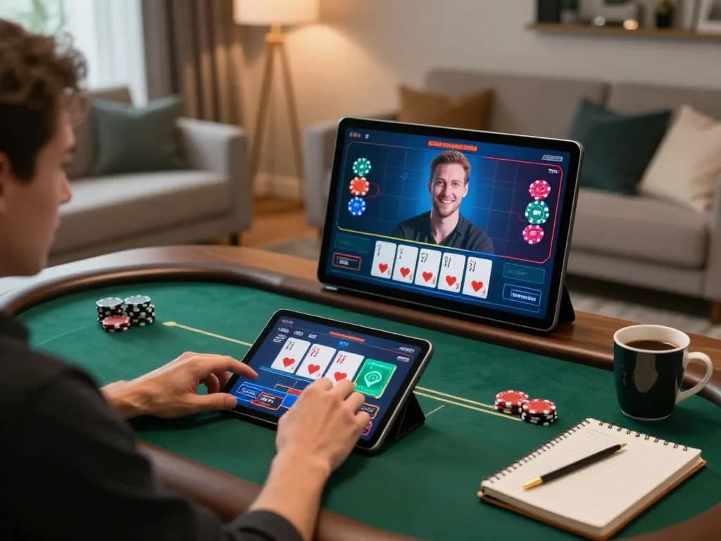 FC88 engaged player enjoying online poker with strategy notes in stylish home setup