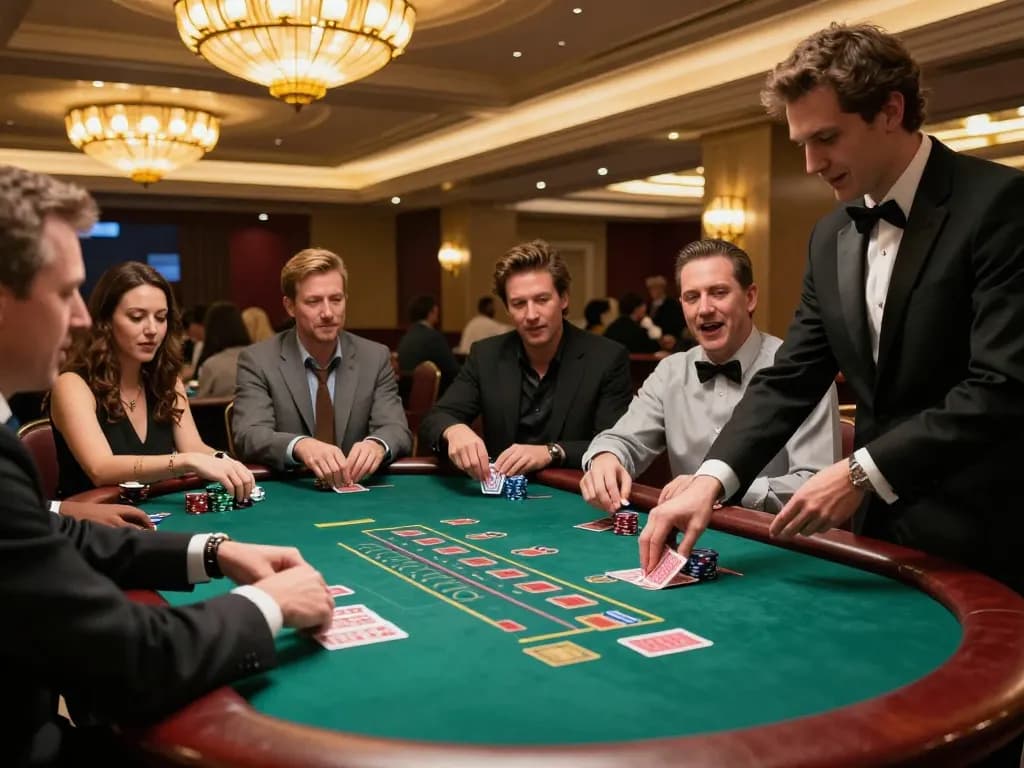 Players at LV88 blackjack table engaging in strategic gameplay with a dealer distributing cards.