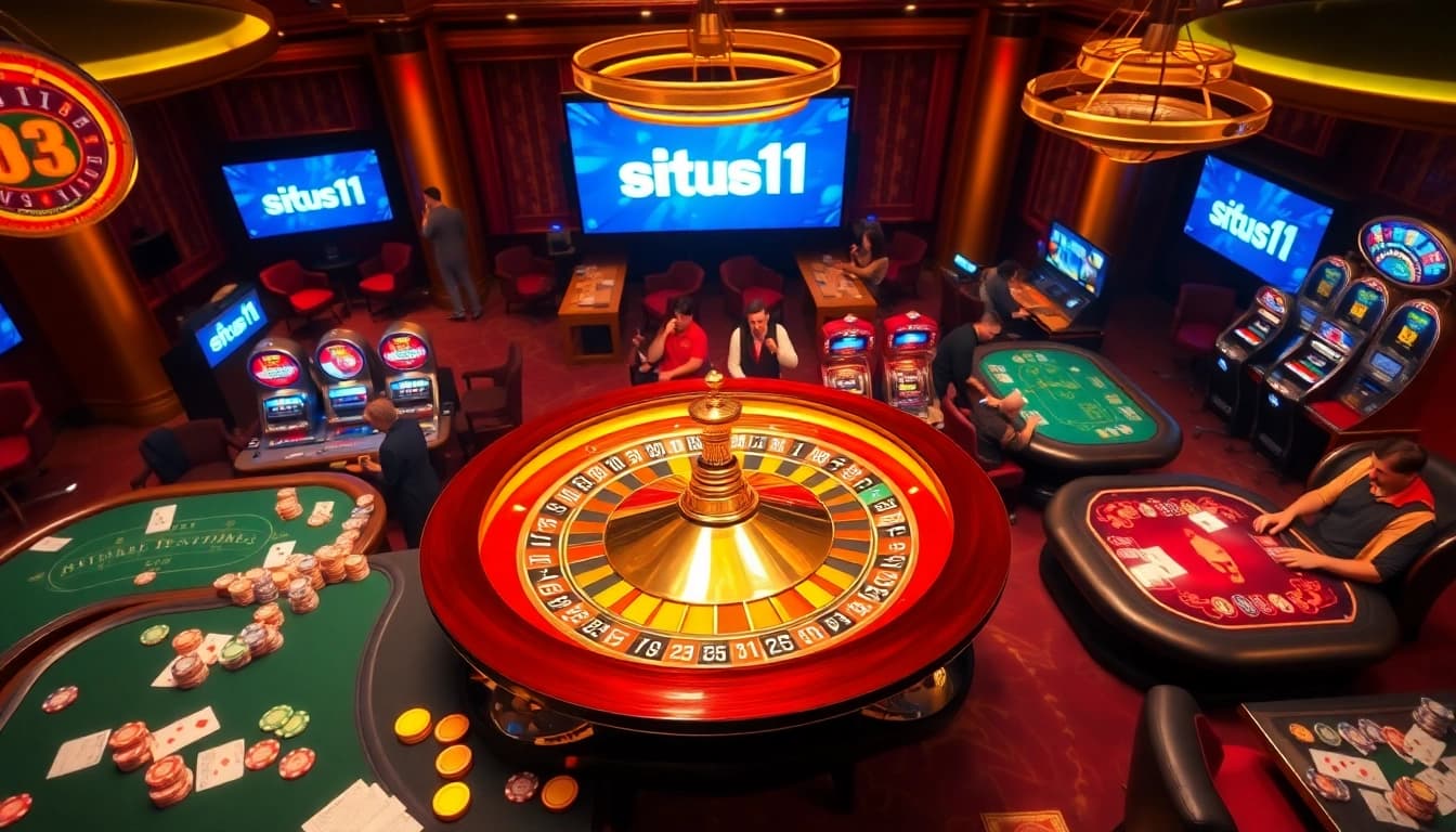 Situs11 showcases a high-energy casino scene with roulette and poker tables, vibrant chips, and online gaming screens.
