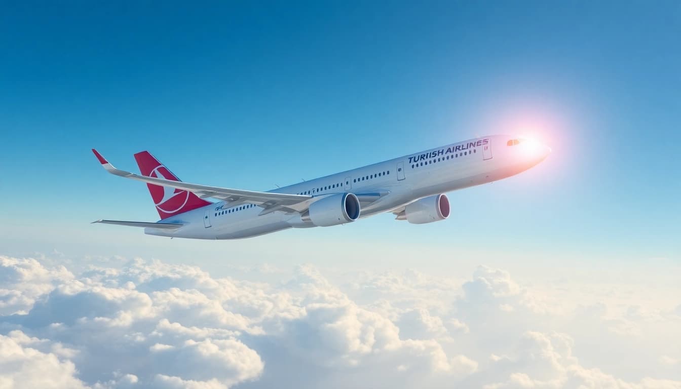 TK88 flight of Turkish Airlines soaring through a clear sky with mountains in the background.
