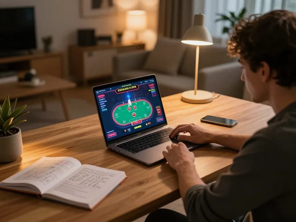 Player enjoying online poker at home using 99Win, engaging in strategic gameplay with notes and warm lighting
