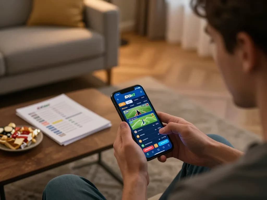 Person placing bets on the 8xbet app in a cozy home setting, showcasing modern online sports betting.