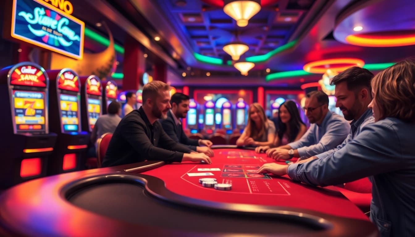 Experience the thrill of AT99娛樂 casino featuring lively players and vibrant gaming equipment.