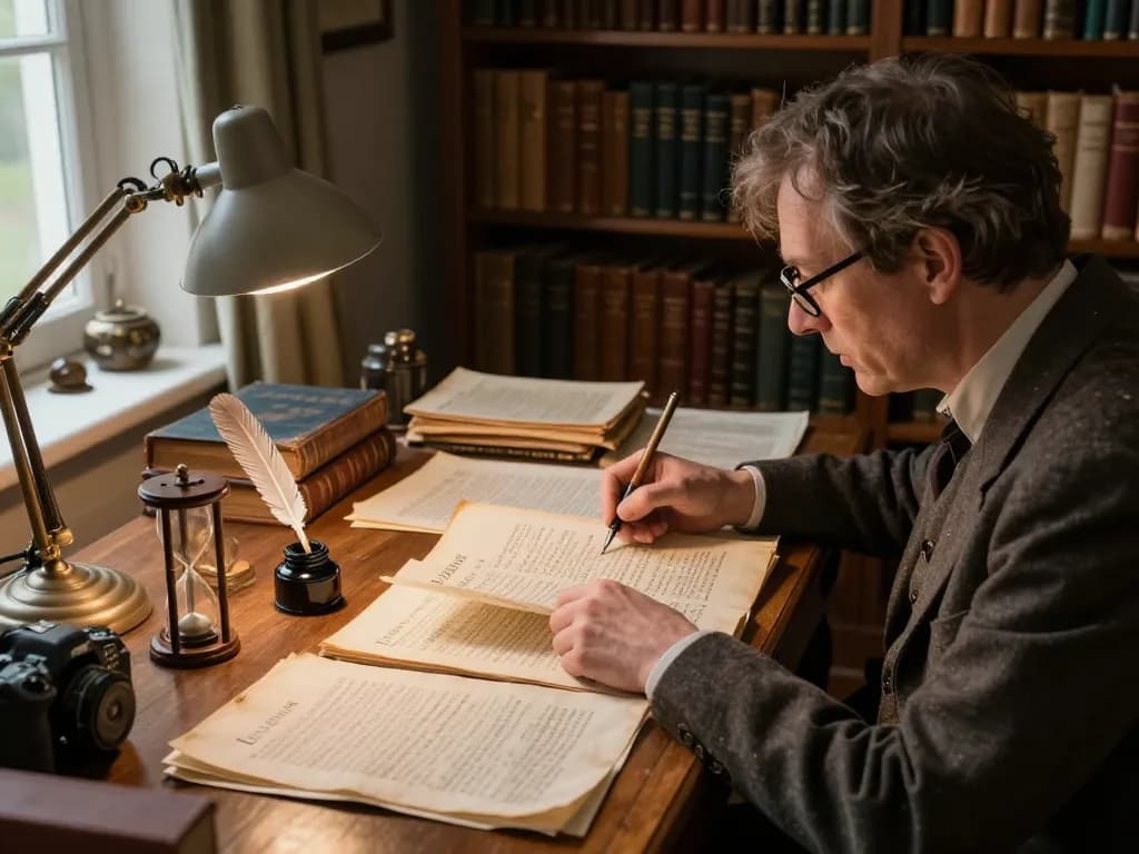 Scholar researching historical manuscripts at https://dohistory.group/ in a cozy study with warm lighting.