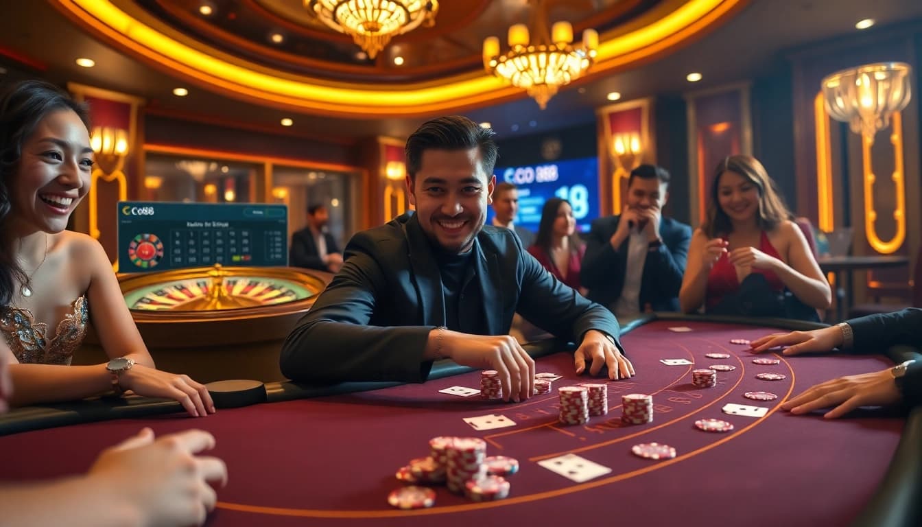 Co88 poker chips prominently showcased at an elegant casino table during an intense game.