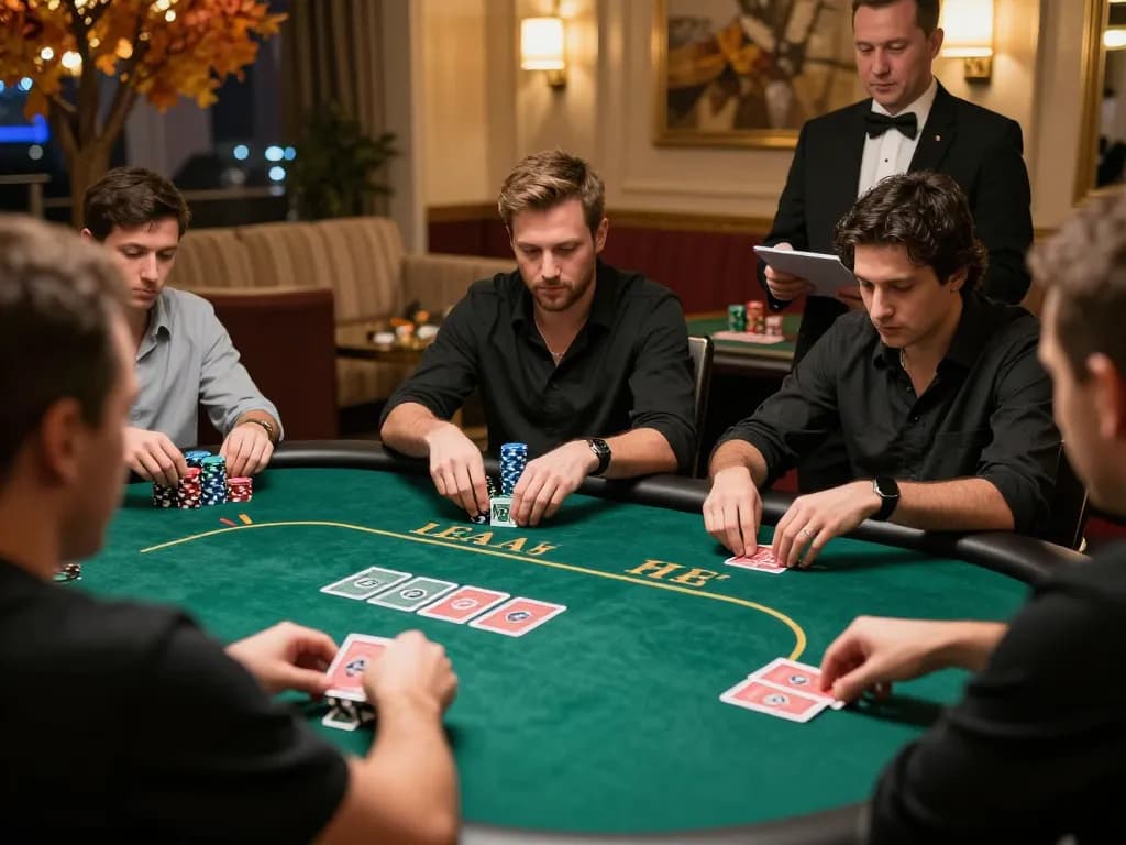 Players strategizing in an intense poker game at tx88 casino with dealer managing bets.