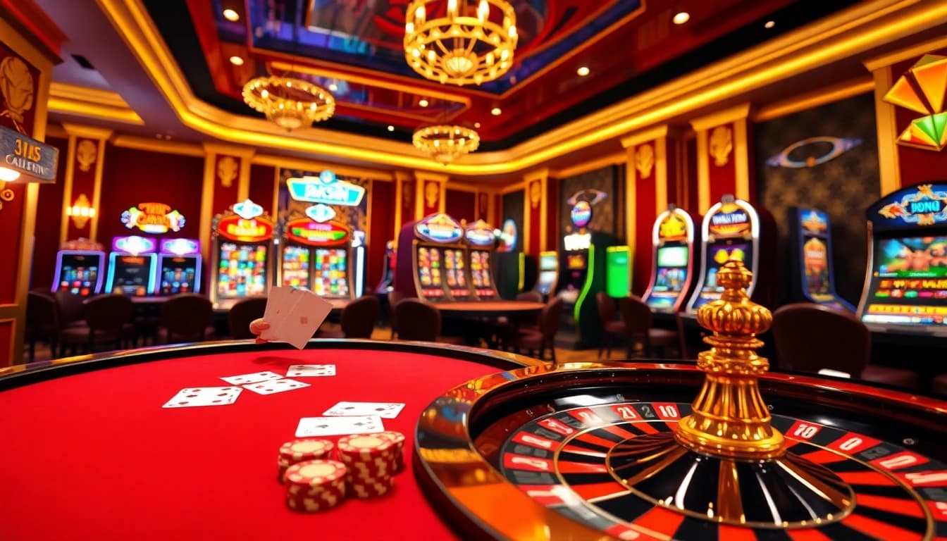 Experience the thrill of OKFUN at a luxurious casino with poker, roulette, and slot machines.