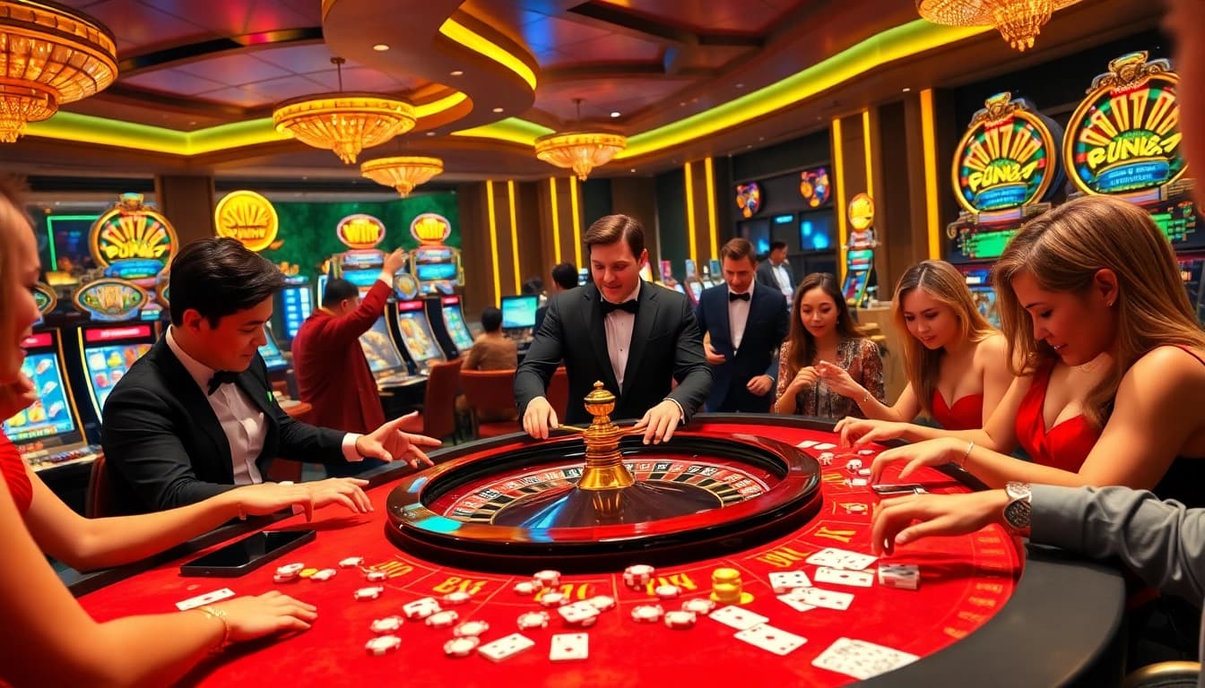 Placing bets at KKWIN online casino, showcasing vibrant gambling atmosphere with roulette and cards.