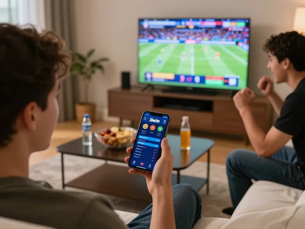 Person engaging with the llwin betting app while watching live sports at home.