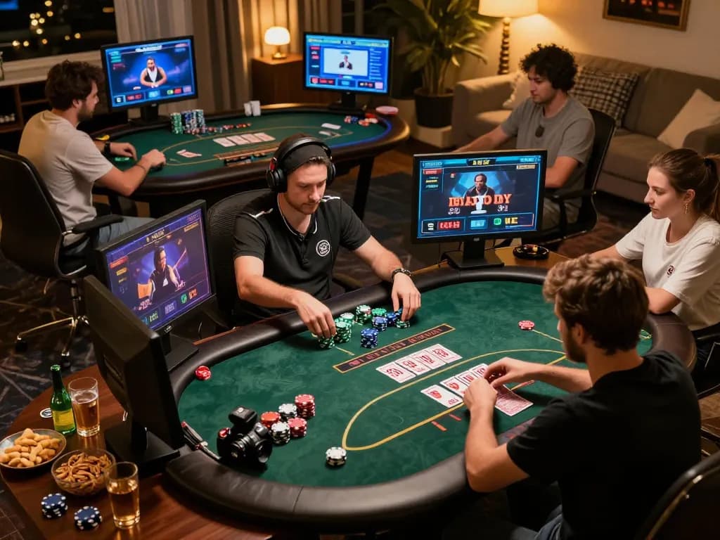 Players engaging in strategic gameplay at KKWIN's online casino, showcasing a vibrant poker scene.