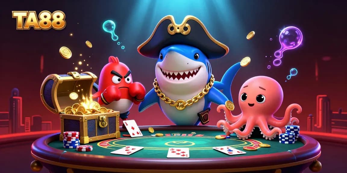 Engaging scene of TA88 showcasing a pirate shark, pufferfish, and octopus amid casino elements, perfect for gamers.