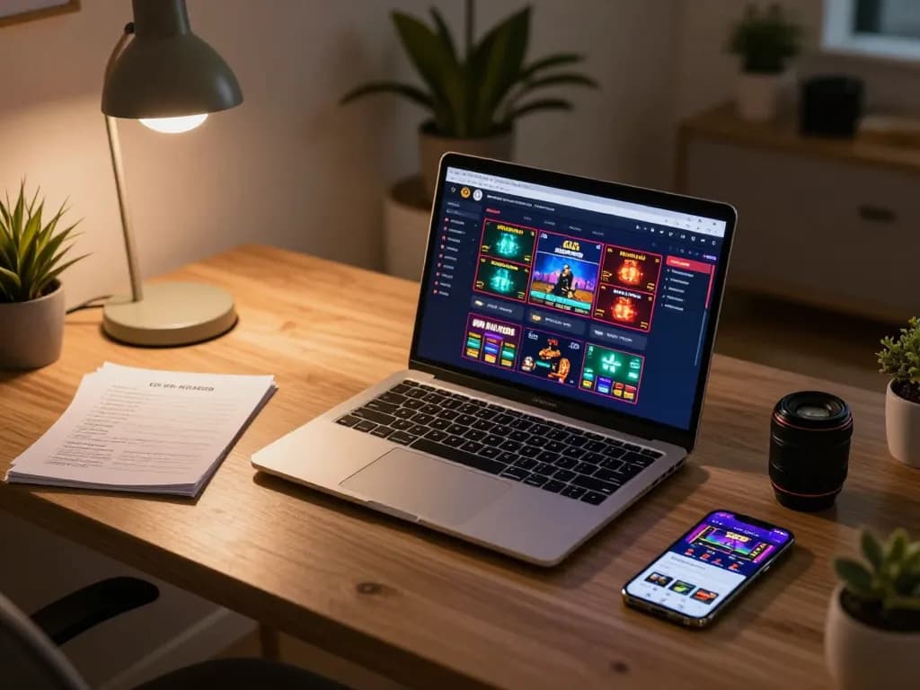 A person engaging in online casino gaming at home with kuwinfi, showcasing a vibrant laptop screen with live dealer games and betting strategy notes.