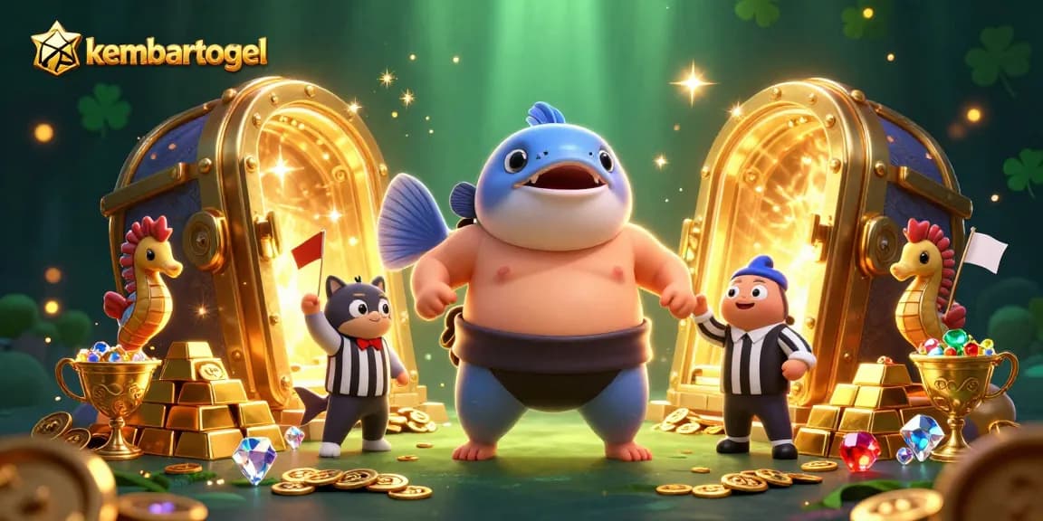 Kembartogel showcases a vibrant underwater scene with a blowfish and seahorse spectators celebrating a lottery win amid treasure.