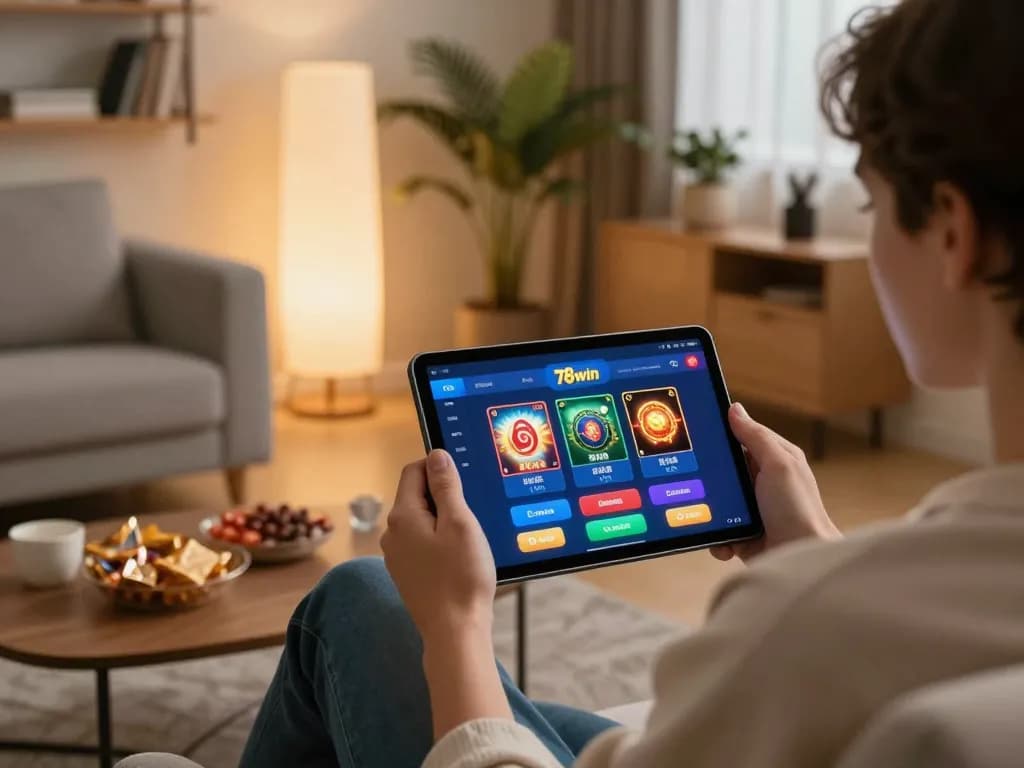 Play poker on 78win app from home setup with snacks and tablet in view