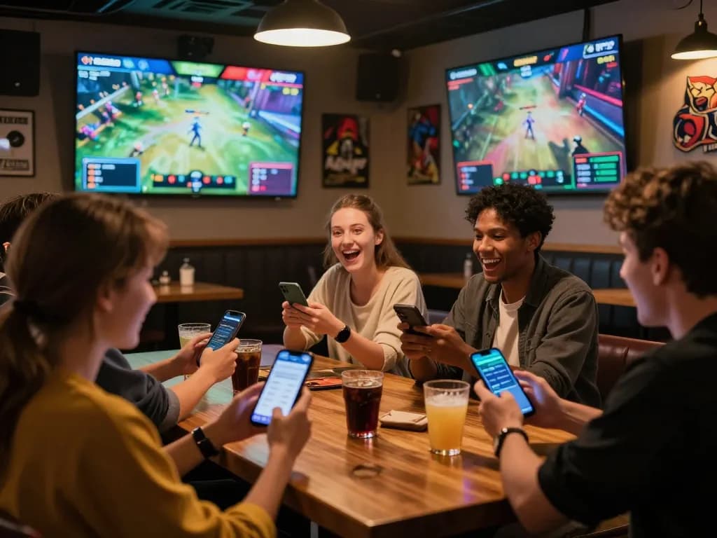 Friends engaging in esport betting singapore while watching a live esports match at a sports bar.