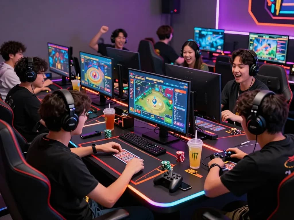 Players enjoying the cổng game sunwin in a vibrant gaming lounge with LED lights and high-tech screens.