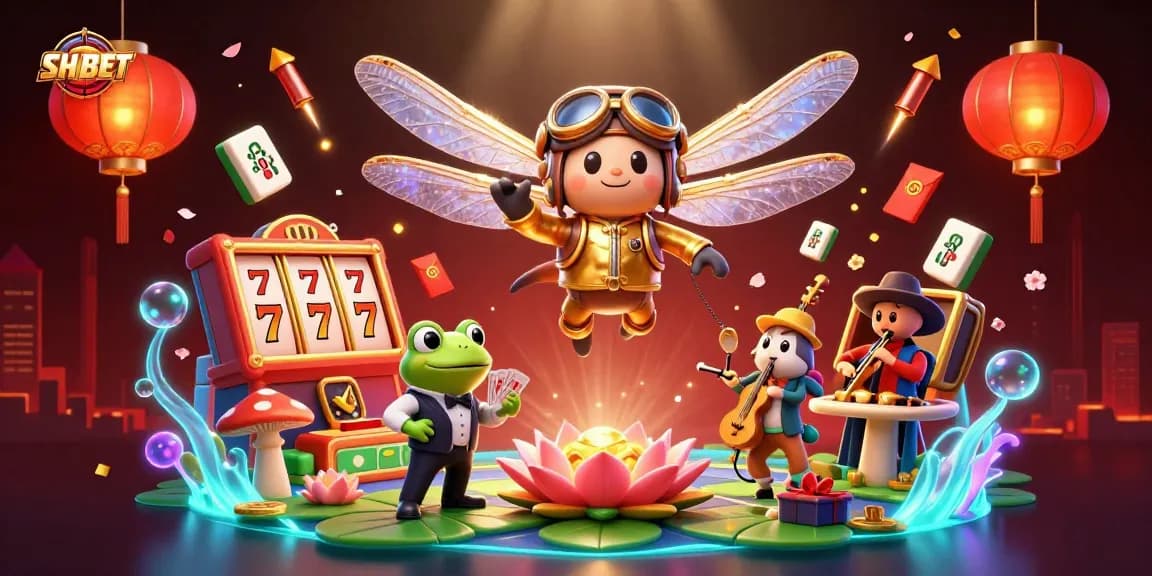 Engage with SHBET's thrilling casino experience featuring a whimsical dragonfly pilot and a frog croupier.