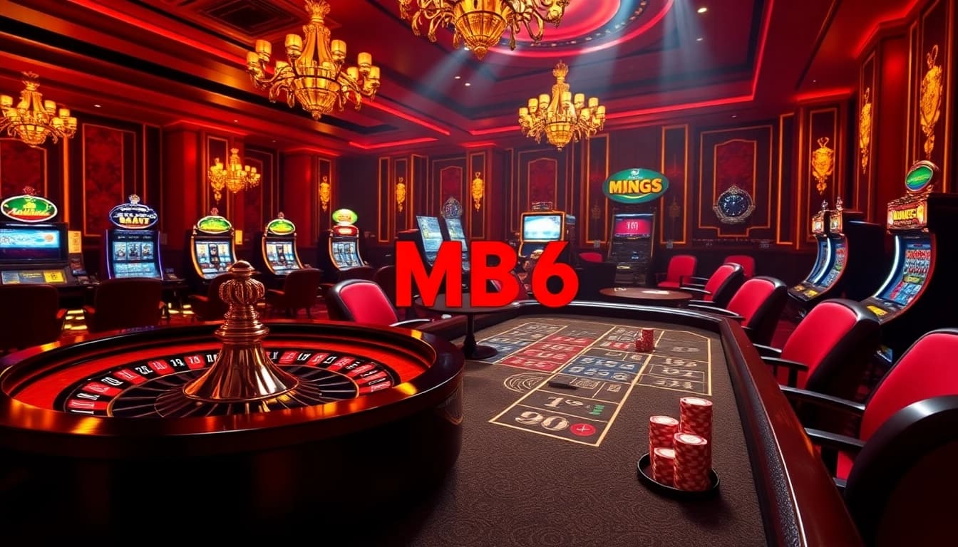 Experience the thrilling gameplay of MB66 with poker chips and roulette in a vibrant casino setting.
