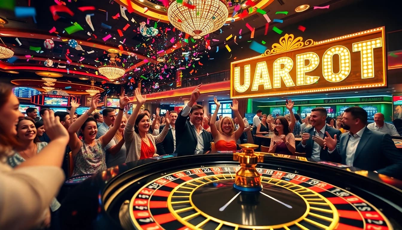 An explosion of a prize-winning lottery celebration at a vibrant casino scene filled with excitement and joy.