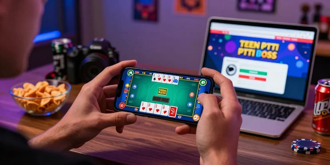Teen Patti Boss app download scene featuring a player enjoying real money gaming on a smartphone with colorful graphics.
