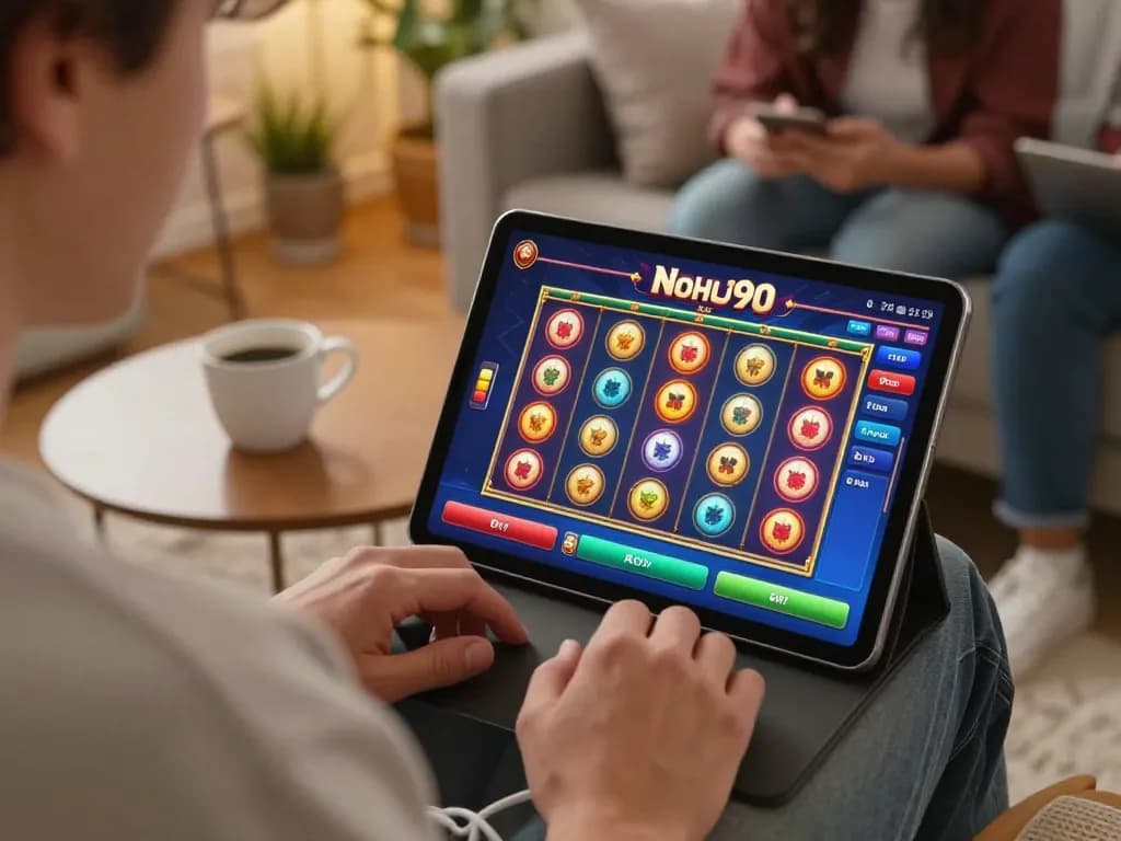 Nohu90 player enjoying online slot game on tablet while relaxing at home, showcasing exciting gameplay.