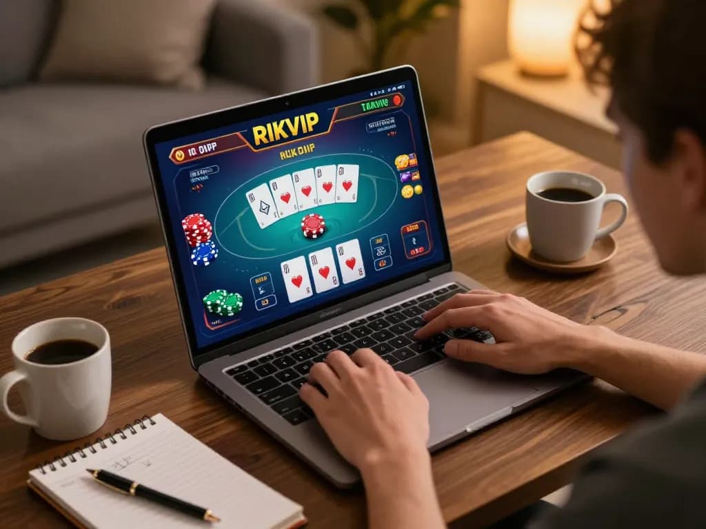 Player engaging in online RIKVIP poker game with strategy notes at home desk.