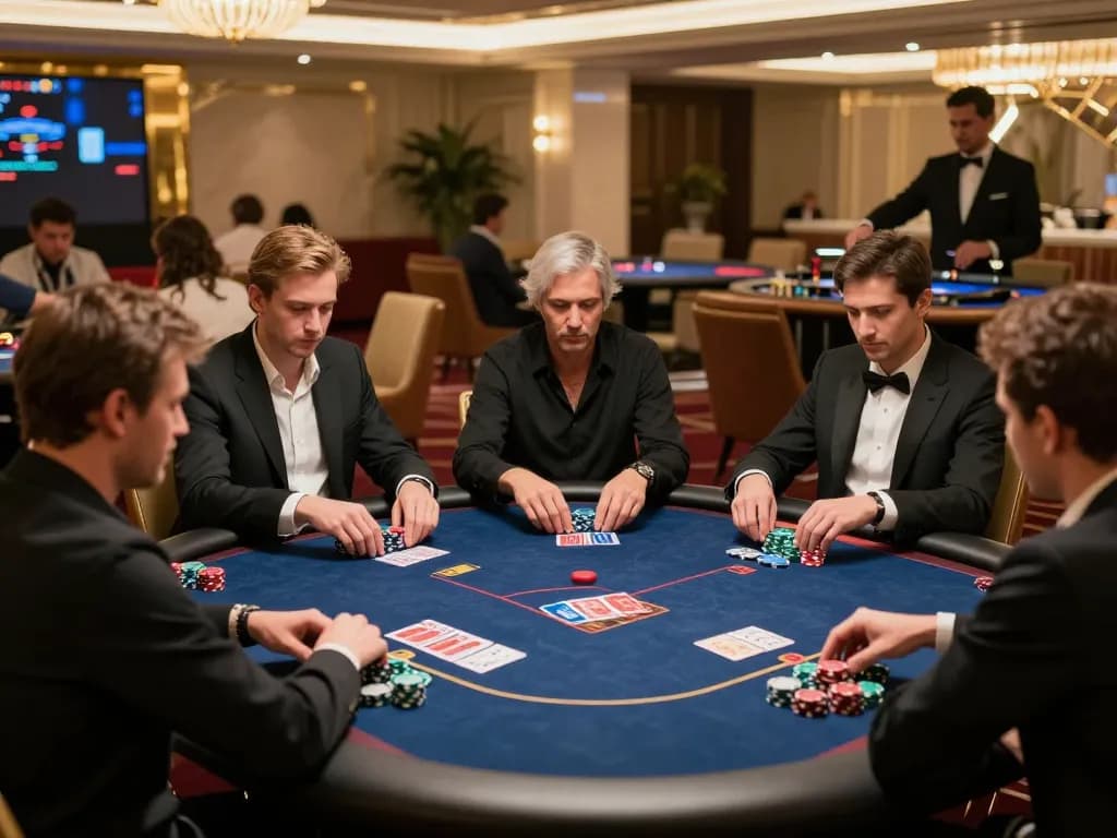 High-stakes poker scene at a luxury casino VIP area, showcasing the excitement of btopcshop gameplay and strategy