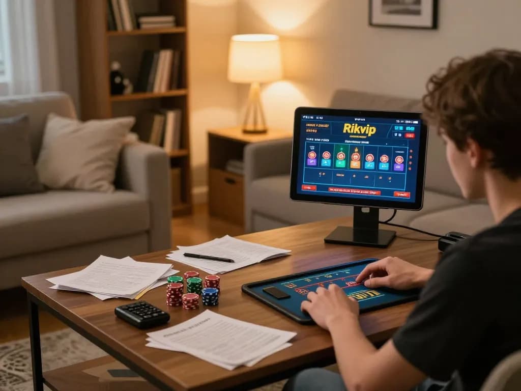 Player enjoying rikvip online casino games at a cozy home setup with tablet and gaming notes
