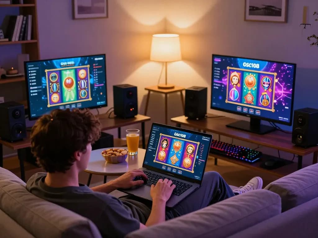 Engaging player enjoying Gsc108 online slots on a laptop in a cozy living room atmosphere.
