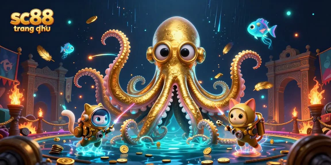 Engage with sc88 trang chủ through a vibrant illustration featuring a kraken and diving cat in a treasure-rich ocean.